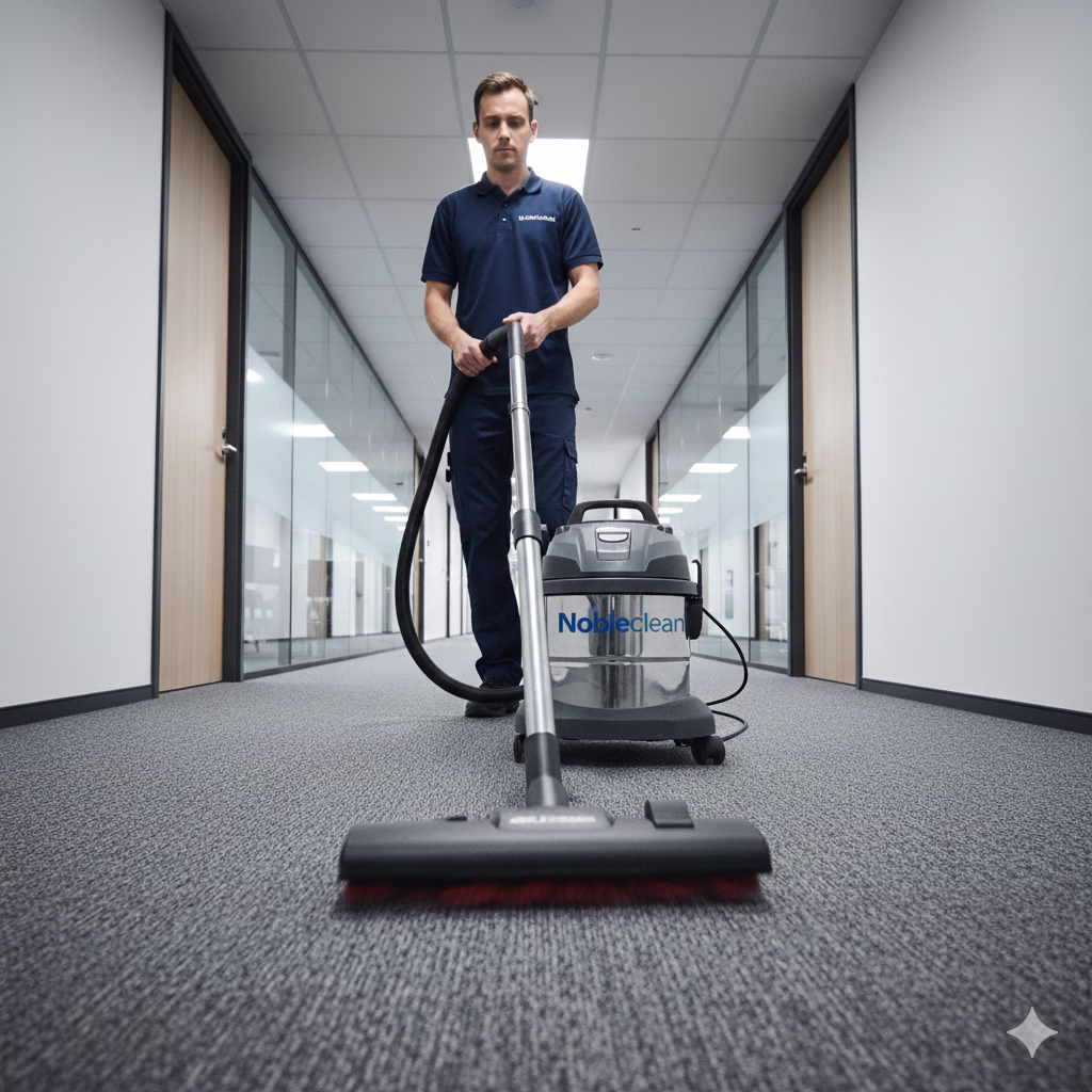 Nobleclean Reinigungskraft mit Teppichreinigungsgerät – professionelle Teppichreinigung Wien
