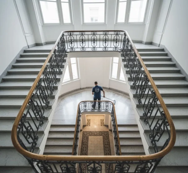 Reinigungskraft von Nobleclean bei der Stiegenhausreinigung in einem Wiener Zinshaus