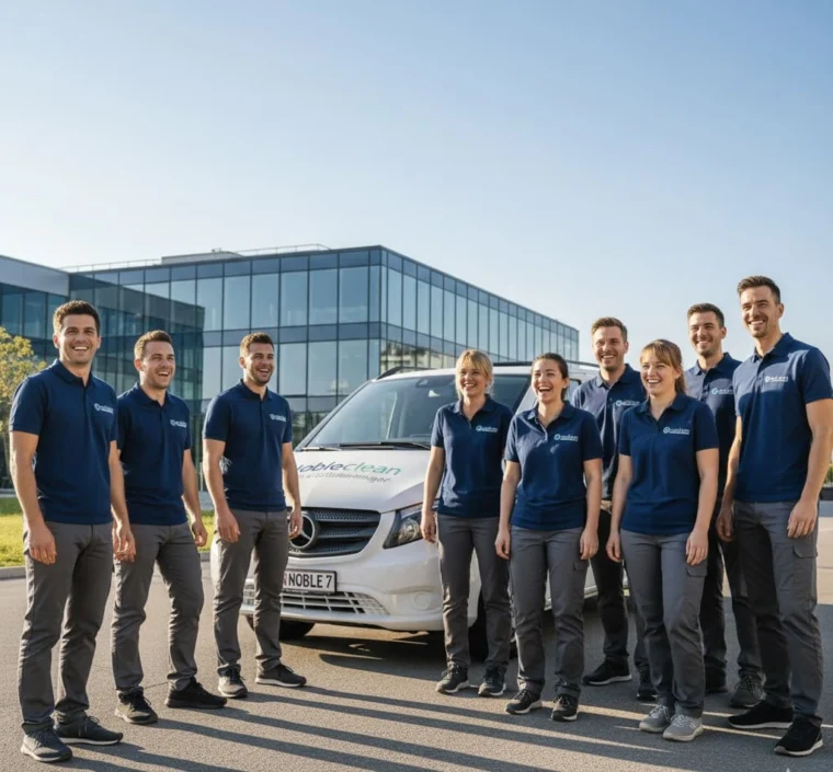 Reinigungsfirma Wien | Nobleclean Meisterbetrieb für Gebäudereinigung 8 Reinigungsteam von Nobleclean in Arbeitskleidung vor dem Einsatzfahrzeug