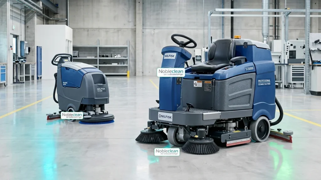 Moderne Scheuersaugmaschinen im gewerblichen Vergleich für Büro-, Industrie- und Tiefgaragenböden von Nobleclean Wien